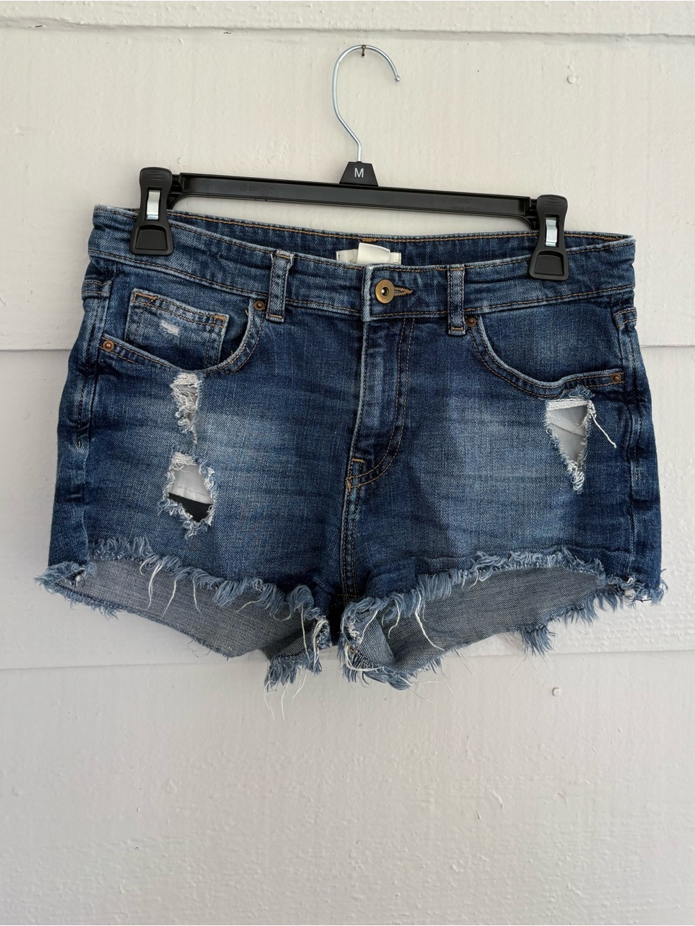 H&M Distressed Denim Cutoff Shorts Size 6 Blue High Rise Frayed Hem Micro Short